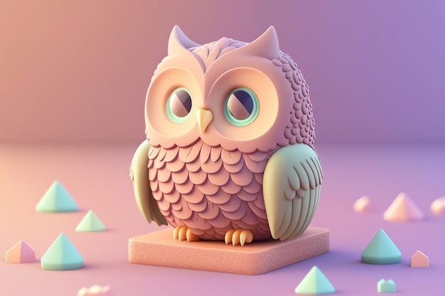 Cartoon owl with soft pastel color and a perfectly detailed entire body 3D cute owl avatar