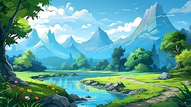 A cartoon painting of a tropical village with a river running through it