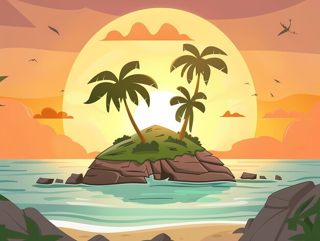 Photo a cartoon of palm trees on a beach with a sunset in the background