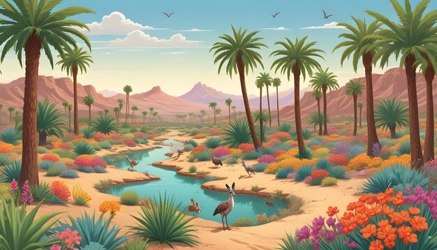 a cartoon of palm trees and a river with palm trees and mountains in the background