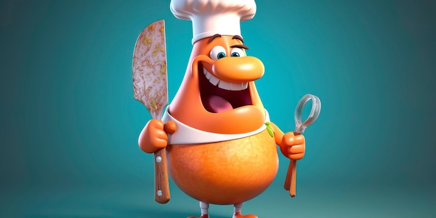 Cartoon pancreas character with a chef hat and apron holding a plate of healthy food and a spatula Generative AI