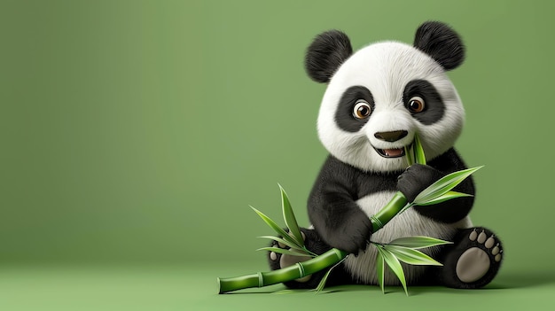 A cartoon panda bear eating bamboo against a green background