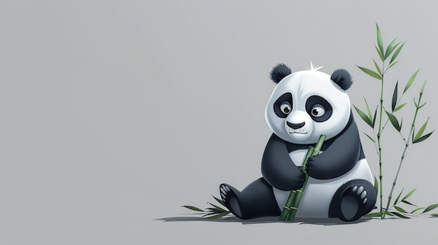 A cartoon panda bear sits with a bamboo stalk in its paws