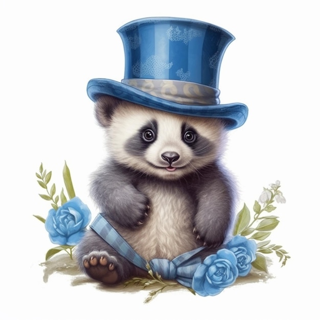 A cartoon of a panda bear wearing a blue top hat.