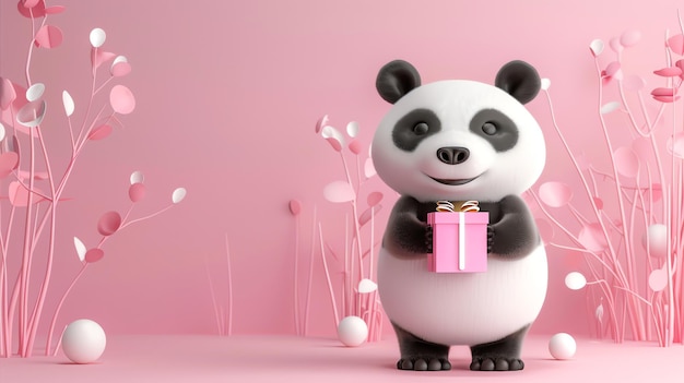 Photo a cartoon panda holding a present in a pink setting