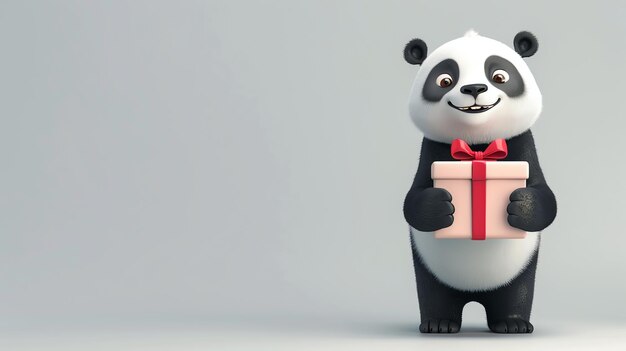 Photo a cartoon panda holds a gift box with a red bow