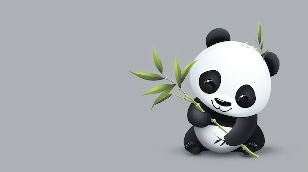 A cartoon panda is sitting down holding a stalk of bamboo