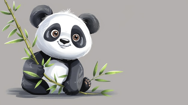 A cartoon panda is sitting with bamboo stalks on a grey background