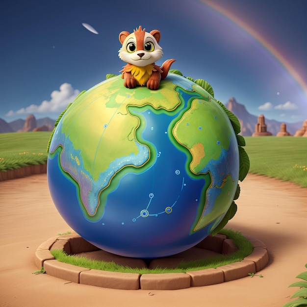 Photo a cartoon of a panda sitting on top of a globe with a rainbow in the background