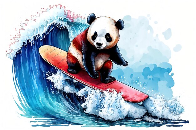 Cartoon panda Surfer on Blue Wave Watercolor ilustration generated AI