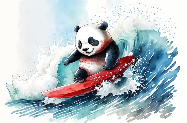 Cartoon panda Surfer on Blue Wave Watercolor ilustration generated AI