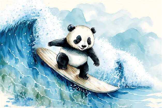 Cartoon panda Surfer on Blue Wave Watercolor ilustration generated AI