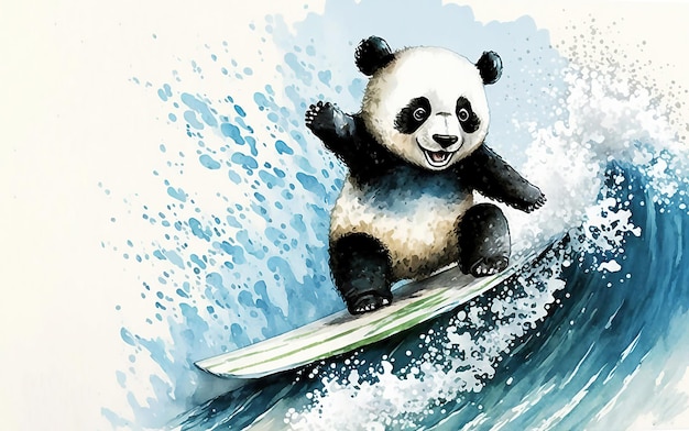 Cartoon panda Surfer on Blue Wave Watercolor ilustration generated AI