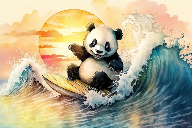 Cartoon panda Surfer on Blue Wave Watercolor ilustration generated AI