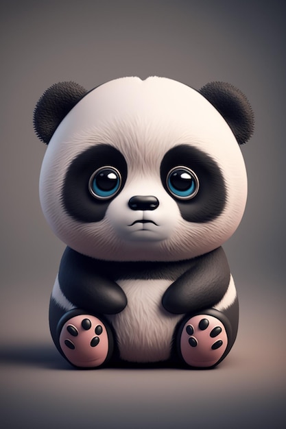 A cartoon panda with blue eyes sits on a gray background.