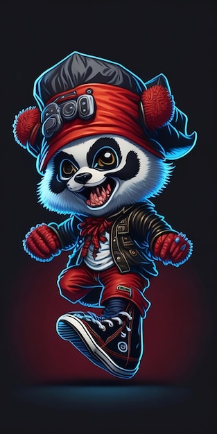 A cartoon panda with a red shirt and black pants.