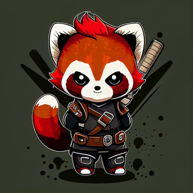 A cartoon of a panda with a sword and a shirt that says'panda'on it