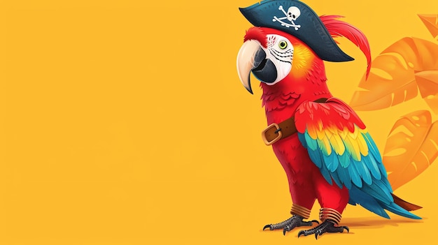 A cartoon parrot is wearing a pirate hat