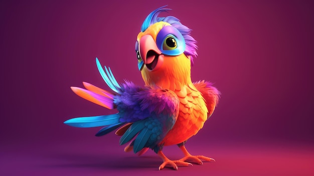 A cartoon parrot with blue feathers and a yellow beak is standing on a purple background.