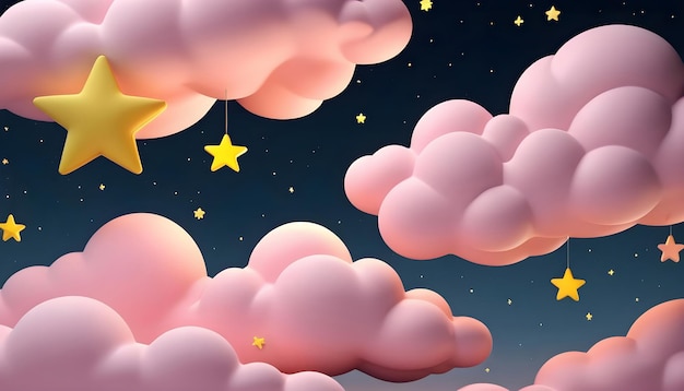 Cartoon pastel clouds and stars 3d rendering picture background