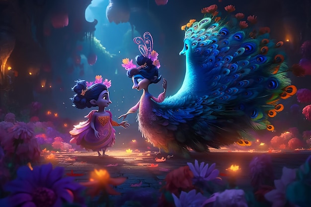 A cartoon of a peacock and a girl