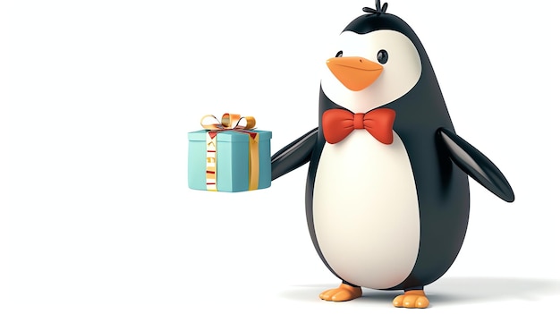 Photo a cartoon penguin wearing a bowtie holds a gift