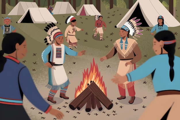 Photo a cartoon of people around a campfire with a man in a hat and the words  native american  on it