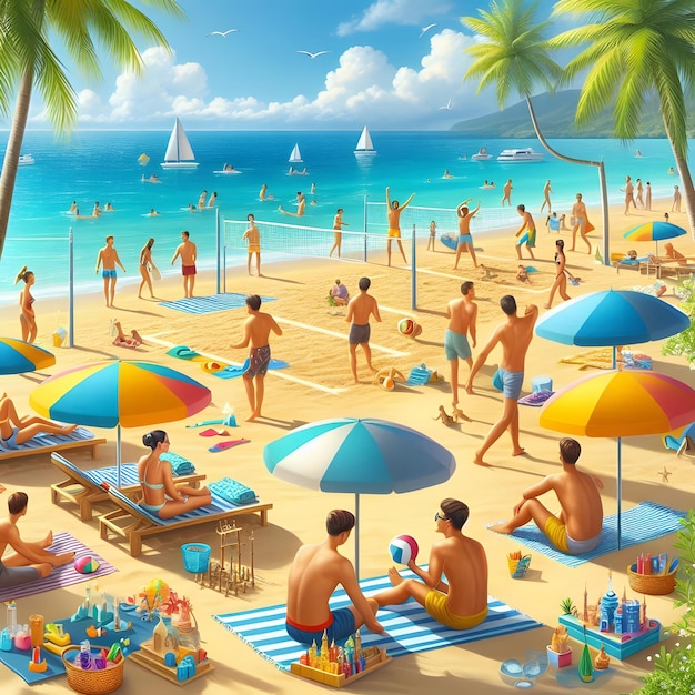 a cartoon of people at a beach with palm trees and a beach scene