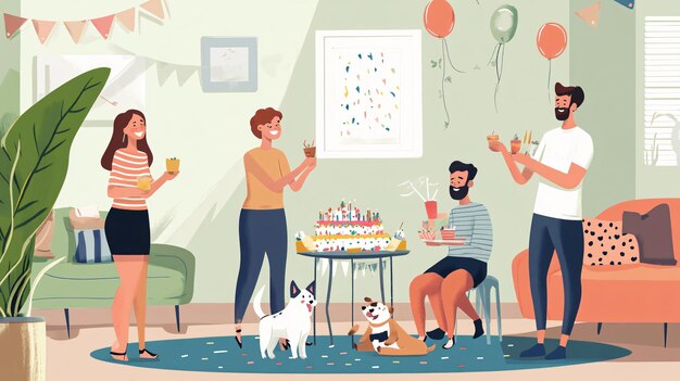 Photo a cartoon of people celebrating birthday with a cake and a dog