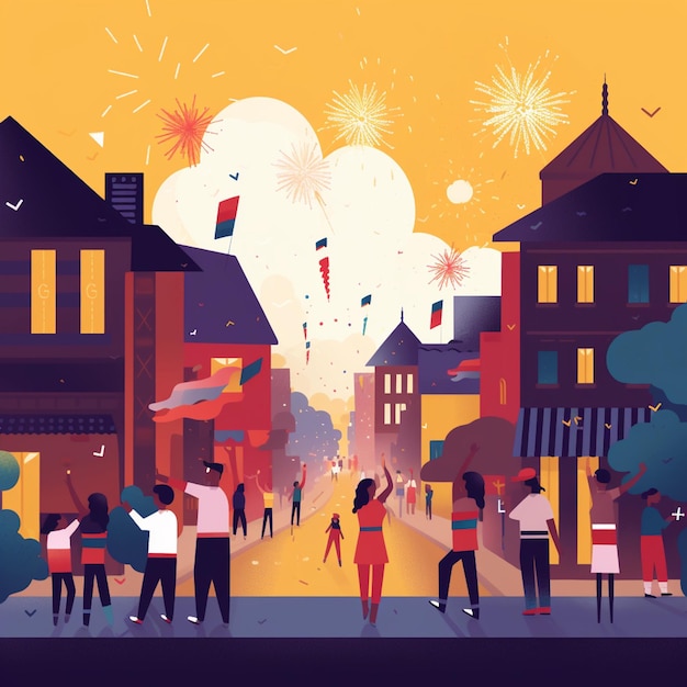 A cartoon of people celebrating new year with fireworks in the background