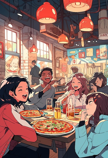 a cartoon of people eating pizza and drinking beer