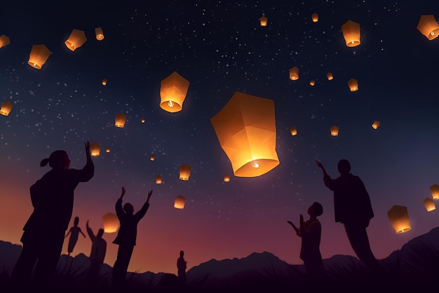 A cartoon of people flying a paper lantern