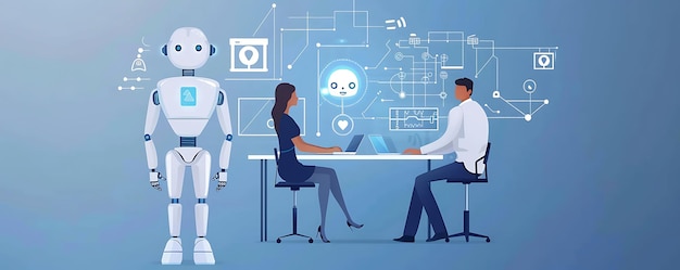 a cartoon of people in a meeting with a robot in the background