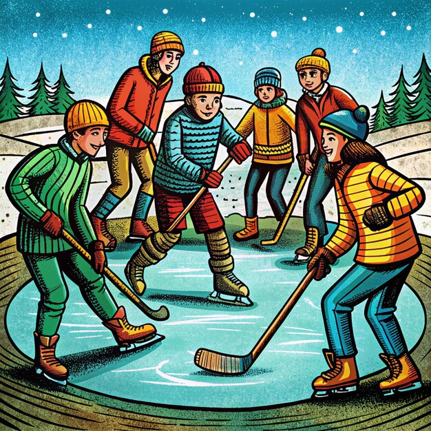 a cartoon of people playing hockey in a snow covered field