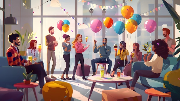 a cartoon of people in a room with balloons and a man in a pink shirt