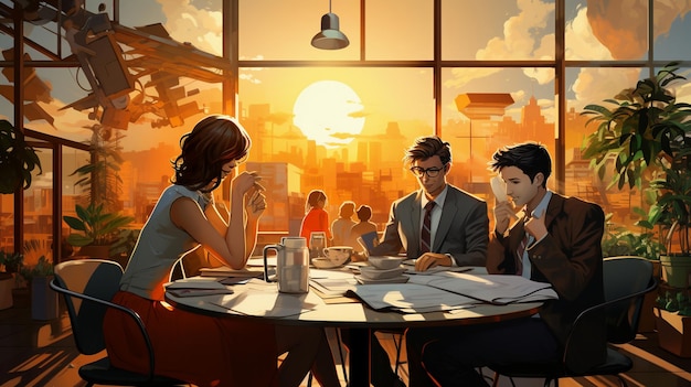 A cartoon of people sitting around a round table with papers on it