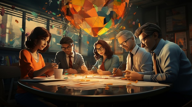 A cartoon of people sitting around a round table with papers on it