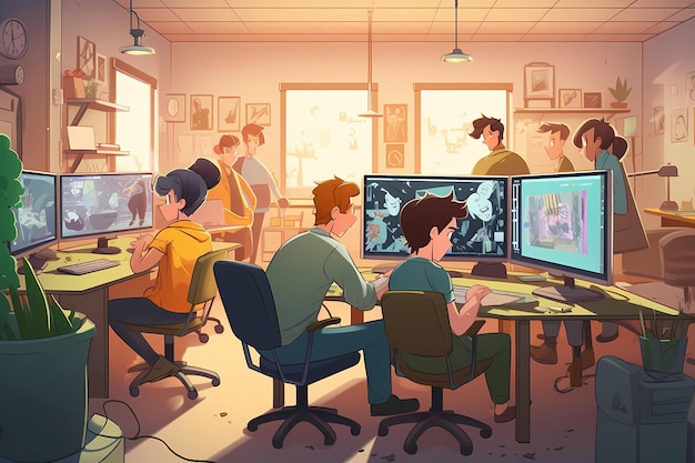 A cartoon of people sitting at computers in a room with a picture of a cartoon character on the wall.