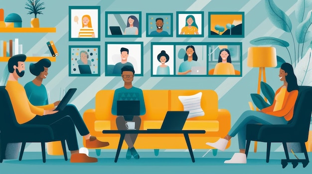 a cartoon of people sitting on a couch with a laptop and a picture of a man sitting on the couch