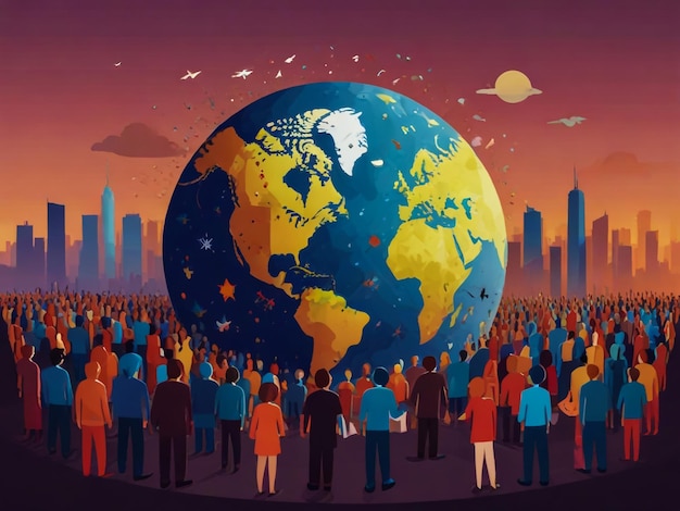 a cartoon of people standing around a globe with the world in the background