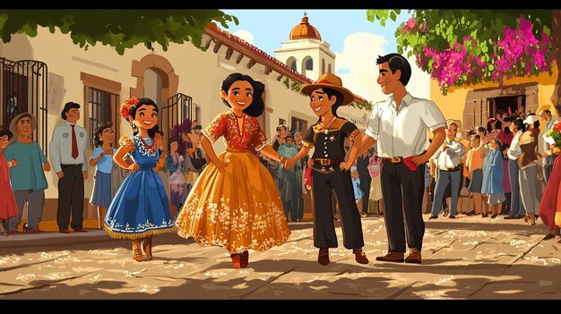 Photo a cartoon of people in a street with a man and woman holding a woman in a dress