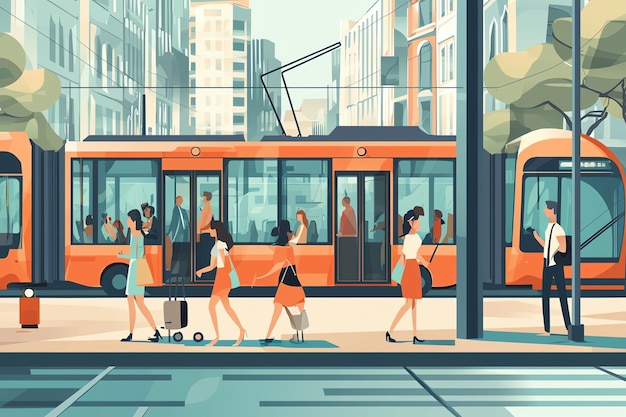 Photo a cartoon of people walking in a subway with a tram in the background