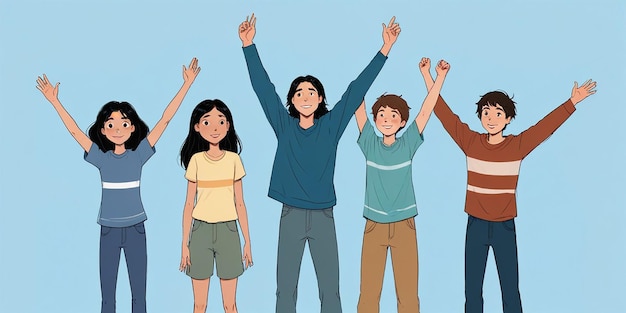 Photo a cartoon of people with arms raised in the air