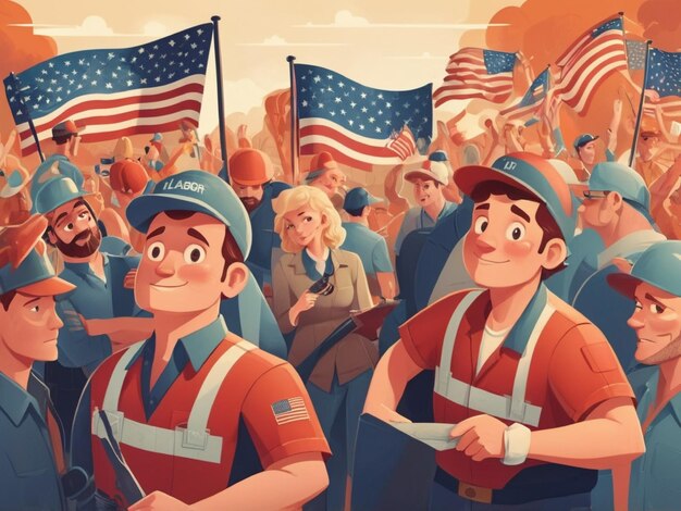 a cartoon of people with a flag and a man in a red shirt with the words american on it