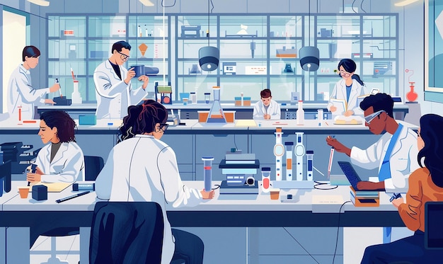 a cartoon of people working in a lab