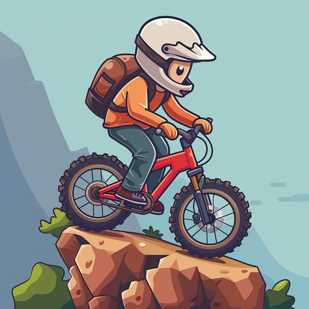 Photo a cartoon of a person riding a bike on a rock with a backpack on it