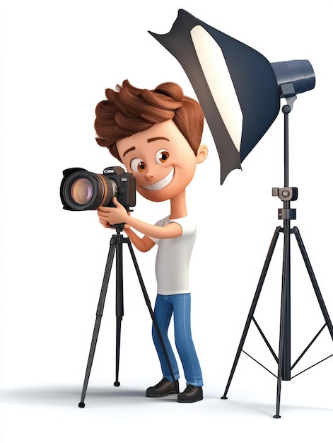 Photo cartoon photographer with camera and tripod