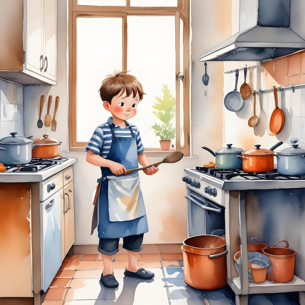 Photo a cartoon picture of a boy in a kitchen with a pan and pot on the stove