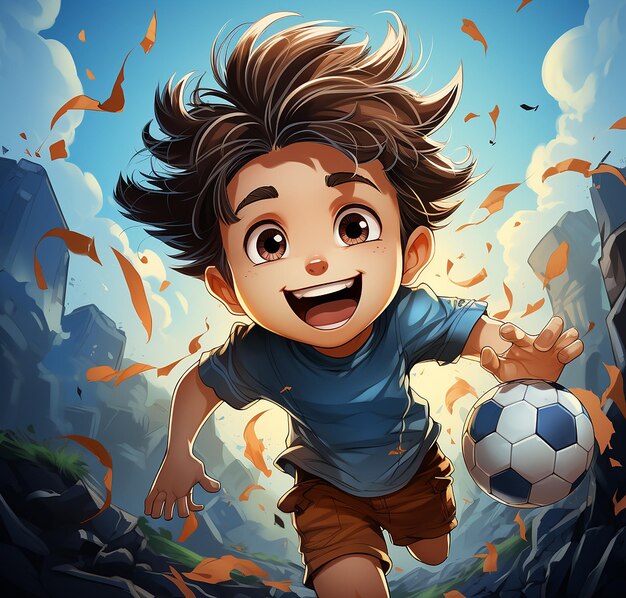 Photo a cartoon picture of a boy playing soccer with a soccer ball