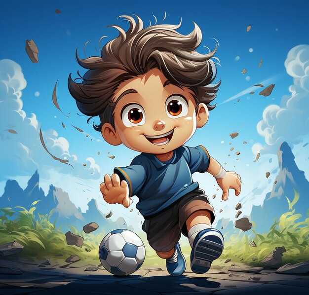 a cartoon picture of a boy playing soccer with a soccer ball